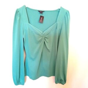NWT RW&CO Women's Aqua Long Sleeve Knotted Sweetheart Neckline Top Small+